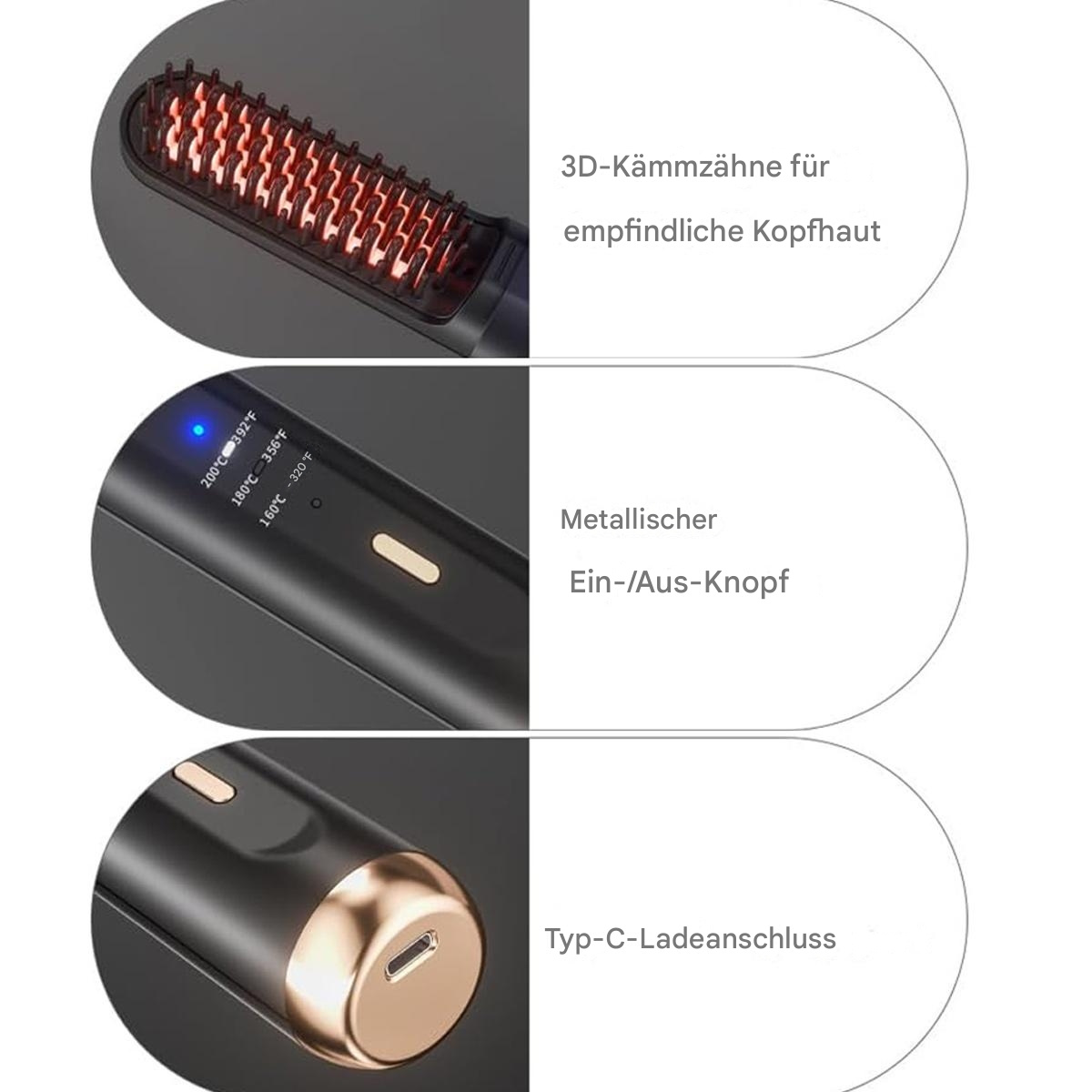 Nahaufnahme eines Haarglätters mit Details am Griff, Temperaturanzeige und Ladeanschluss.