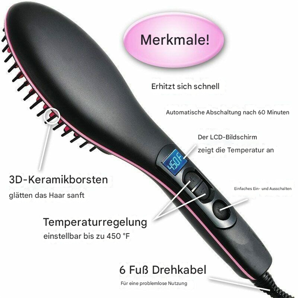 Schwarzer Haarglätter mit rosa Akzenten, Digitalanzeige und Keramikborsten.