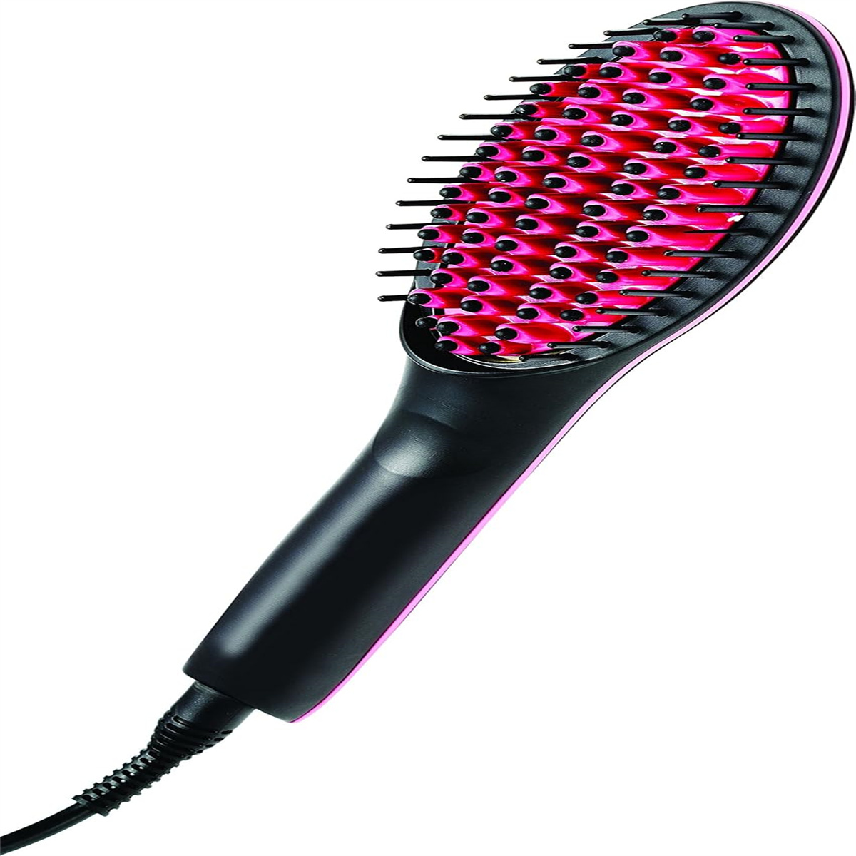 Eine schwarz-rosa Haarglättungsbürste. Die Bürste ist zum Betrachter hin abgewinkelt.