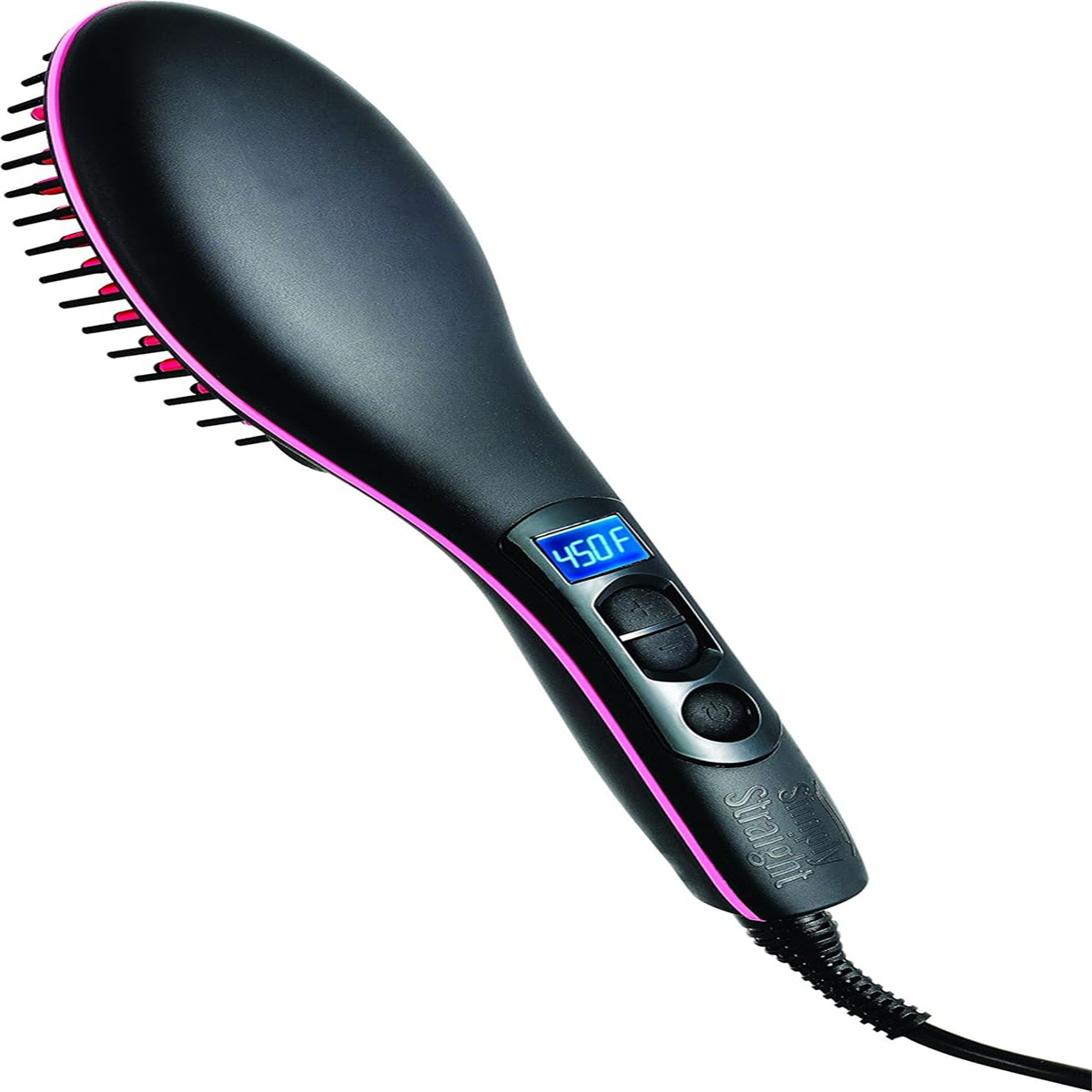 Schwarze Haarglättungsbürste mit rosa Akzenten, Digitalanzeige mit 450 °F und kleinen schwarzen Knöpfen.