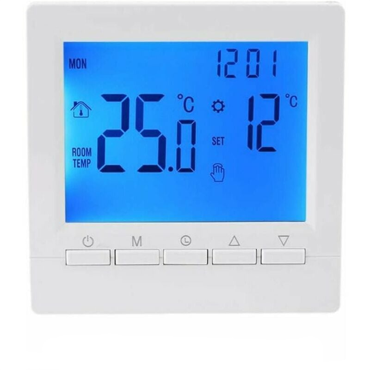 Weißer Thermostat mit blauem Display, das Temperatur und andere Einstellungen zeigt.