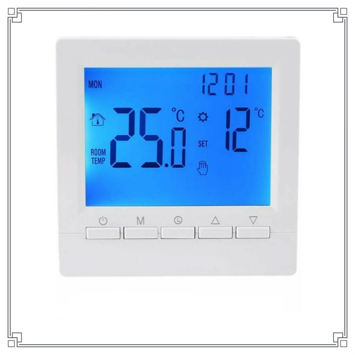 Digitaler Thermostatbildschirm mit Raumtemperatur, Solltemperatur, Uhrzeit und Tasten.
