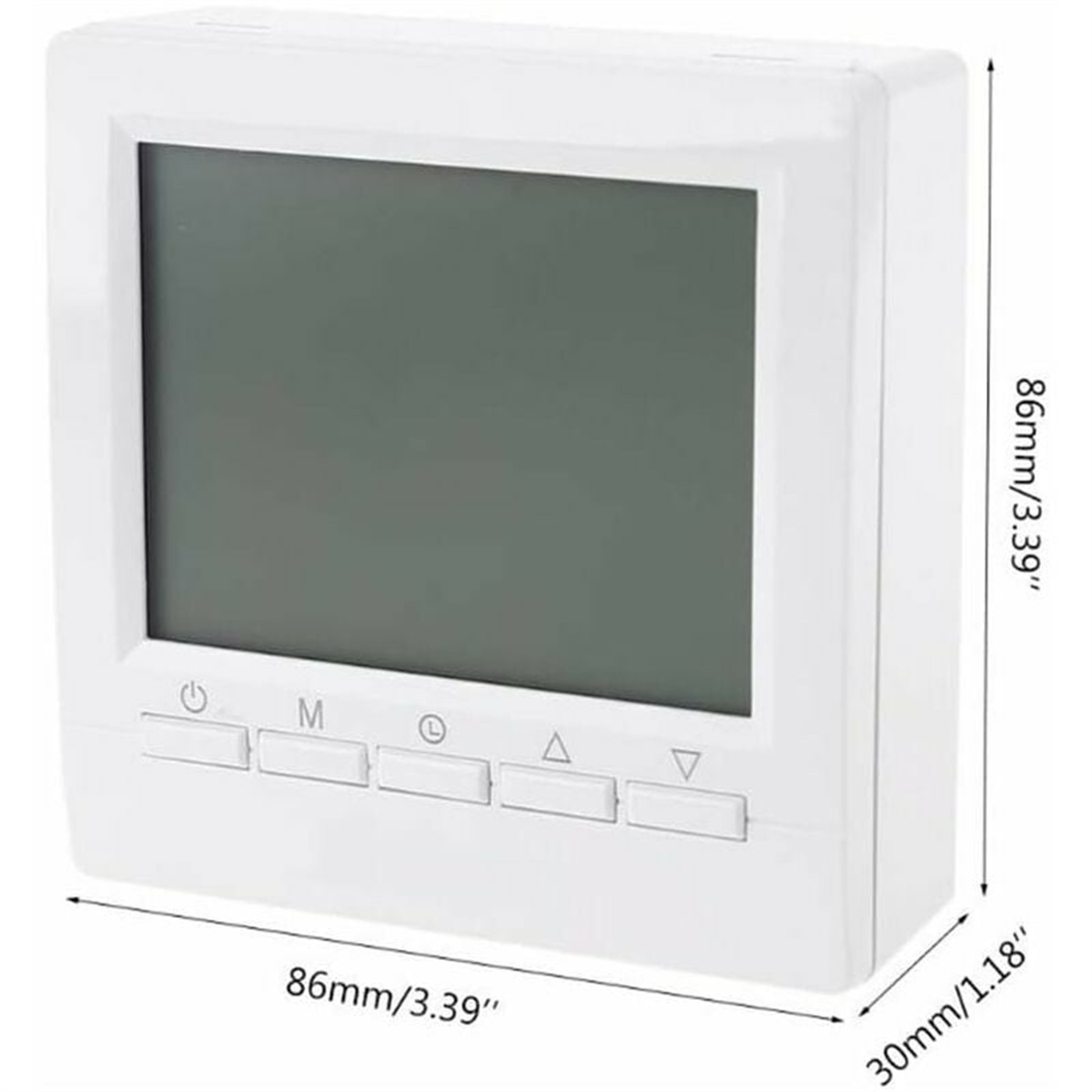 Ein weißes Thermostat mit Display und Knöpfen. Abmessungen sind angegeben: 86 mm/3,39" und 30 mm/1,18".
