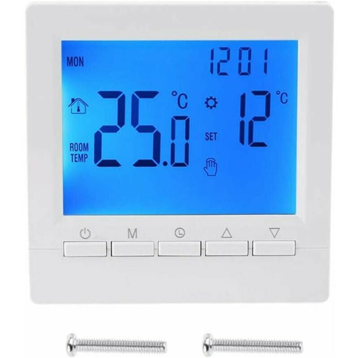 Weißes digitales Thermostatdisplay mit Raumtemperatur, Uhrzeit und Solltemperatur. Tasten darunter.
