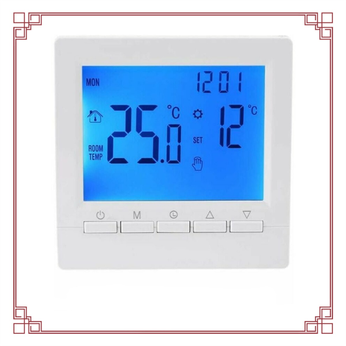Ein digitales Thermostat zeigt Raumtemperatur und Uhrzeit an, mit Tasten darunter.