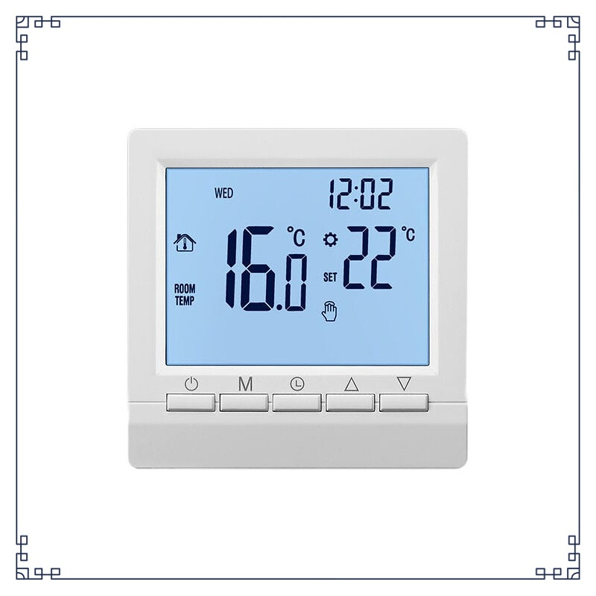 Weißer digitaler Thermostat, der Zeit, Temperatur und Einstellungen auf blauem Bildschirm anzeigt.