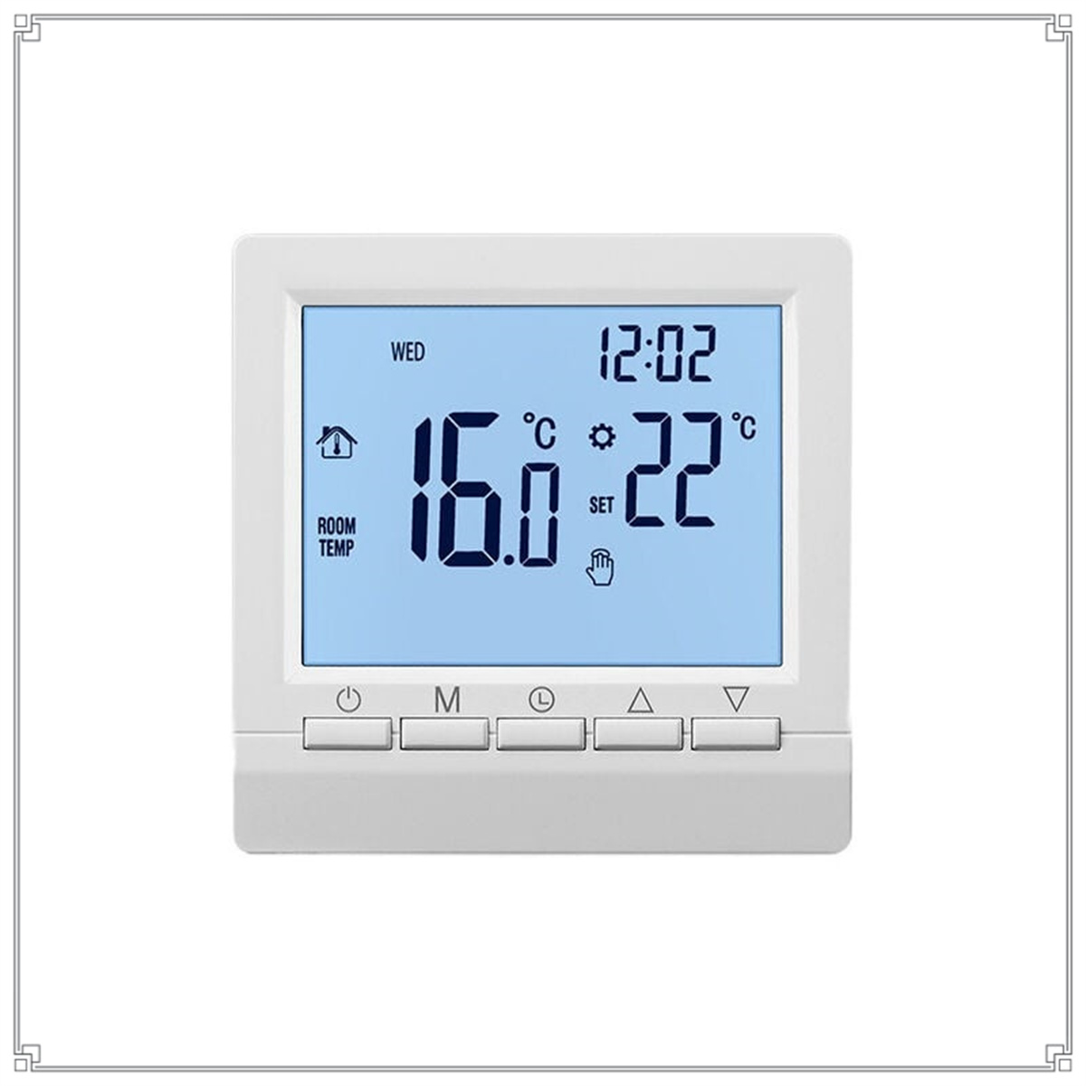 Weißes Thermostat, das Datum, Uhrzeit und Temperatureinstellungen anzeigt.