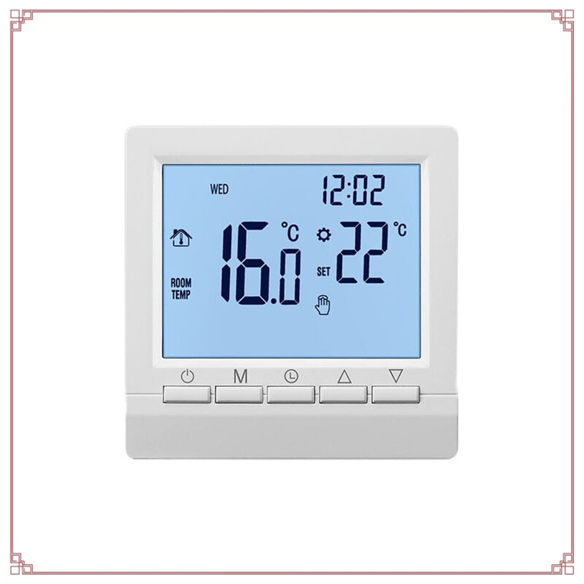 Thermostat-Anzeige mit Zeit und Temperatur.