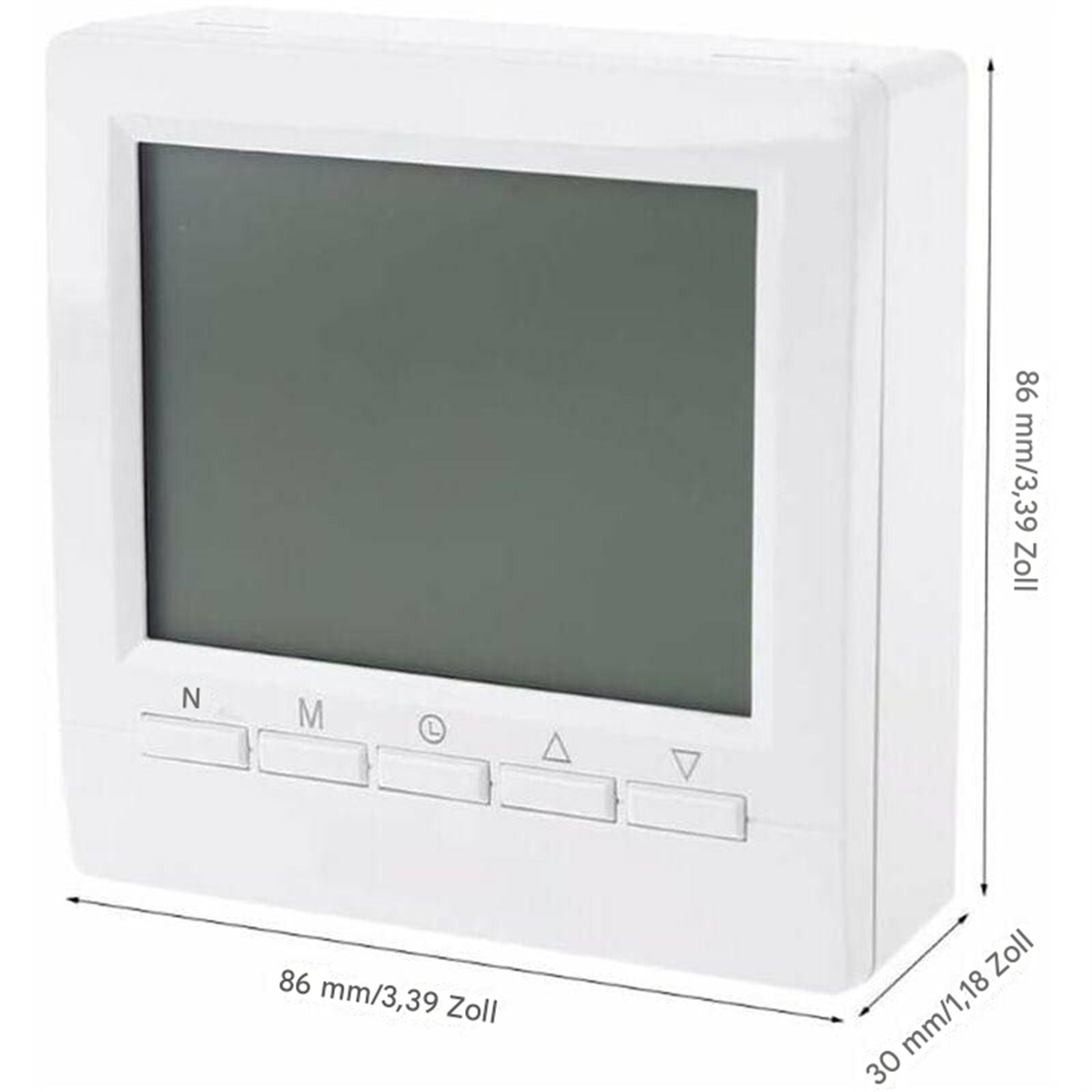 Ein weißes Thermostat mit einem Bildschirm, der Temperatur und Einstellungen anzeigt.