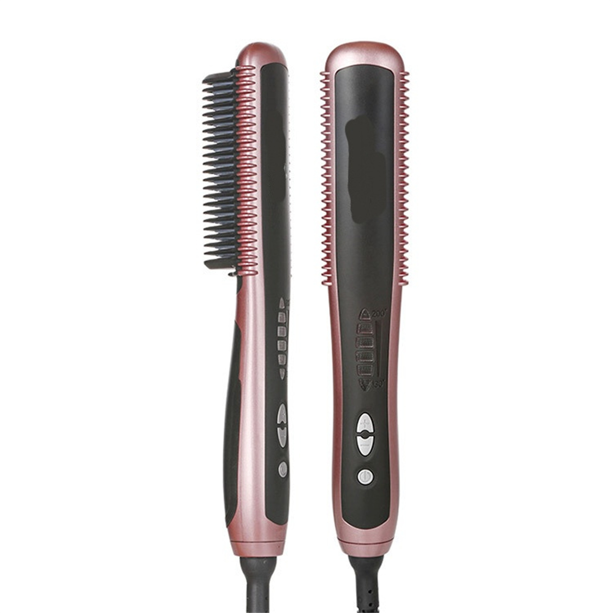 Zwei Ansichten eines Haarglätters. Roségold und Schwarz, mit Borsten auf einer Seite, Bedienelemente auf der anderen.