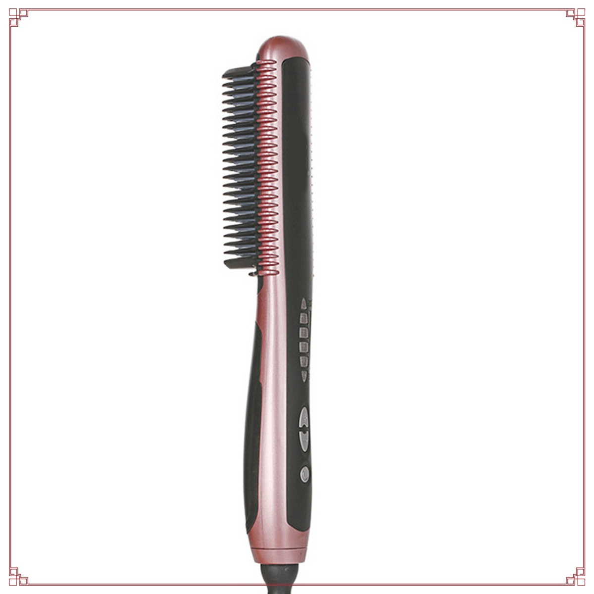 Ein schwarzer und roségoldener Haarglätter mit kammähnlichem Design, isoliert auf Weiß.