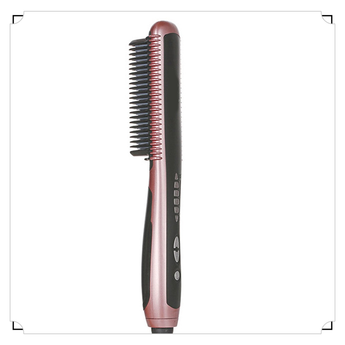 Ein rosa und schwarzer Haarglättungskamm, mit einem Griff und sichtbaren Kammzähnen.
