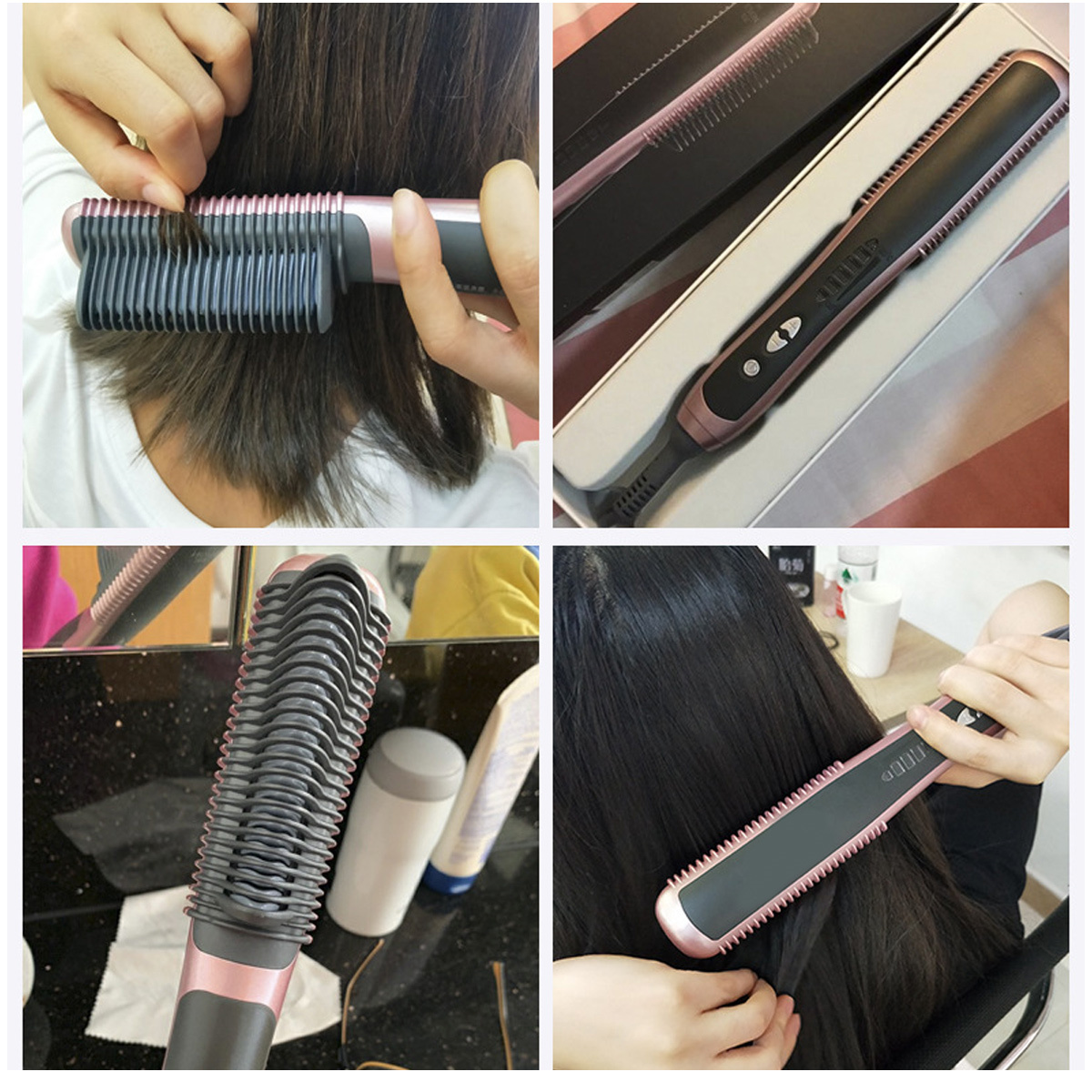 Mehrere Bilder, die eine Haarglättungsbürste in Gebrauch und ihre Verpackung zeigen.