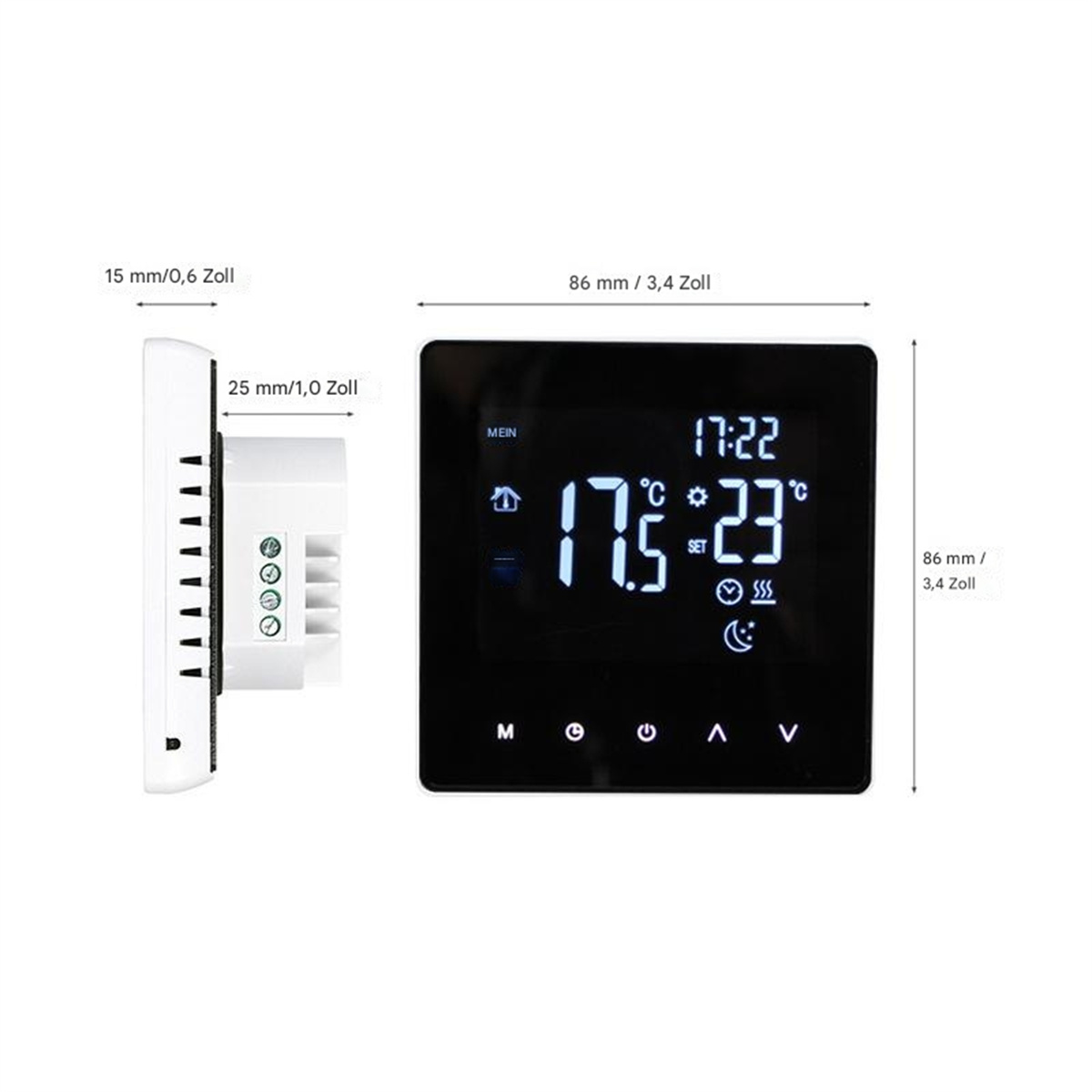 Ein weißer Thermostat mit Digitalanzeige, die Temperatur und Uhrzeit anzeigt, mit Maßangaben.