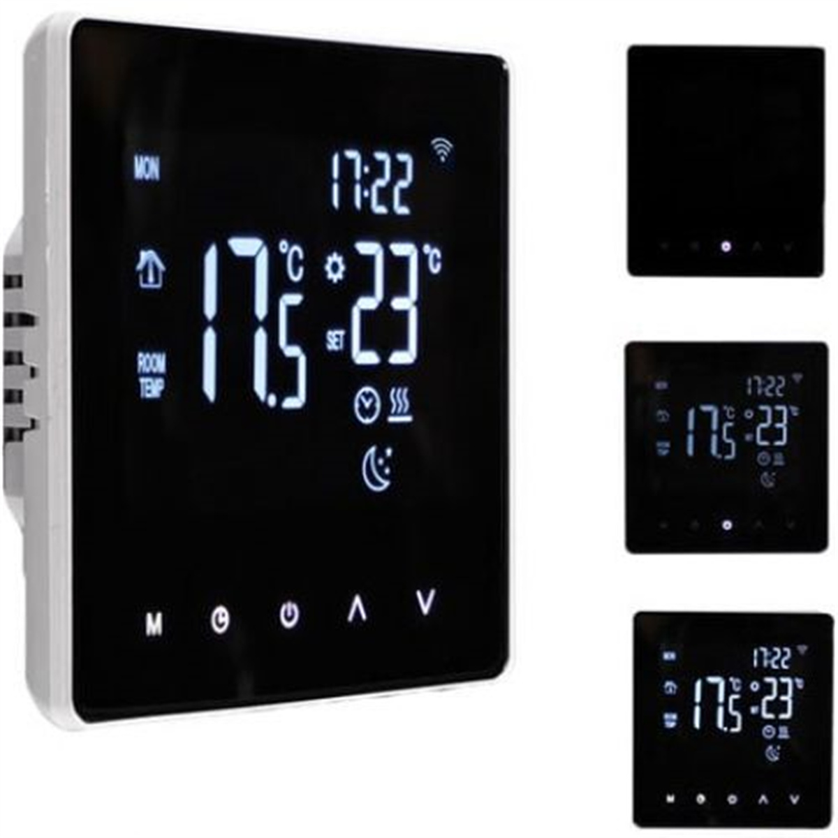 Ein digitales Thermostat mit schwarzem Bildschirm, der Zeit und Temperatur anzeigt, mit zusätzlichen Anzeigen.