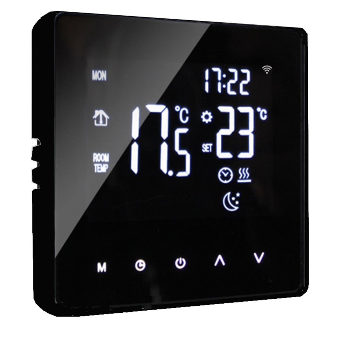 Schwarzer Smart-Thermostat mit digitaler Anzeige. Zeigt Zeit, Raumtemperatur und Solltemperatur an.