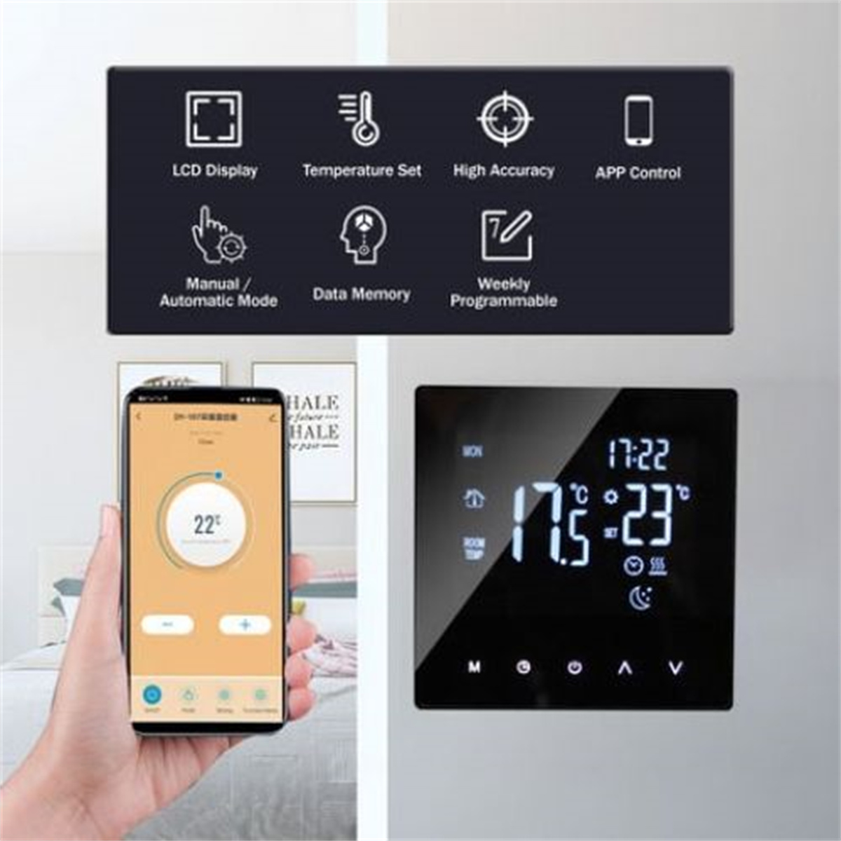 Ein intelligenter Thermostat und ein Smartphone, das eine Temperatur von 22 Grad Celsius anzeigt. Weißer Hintergrund.