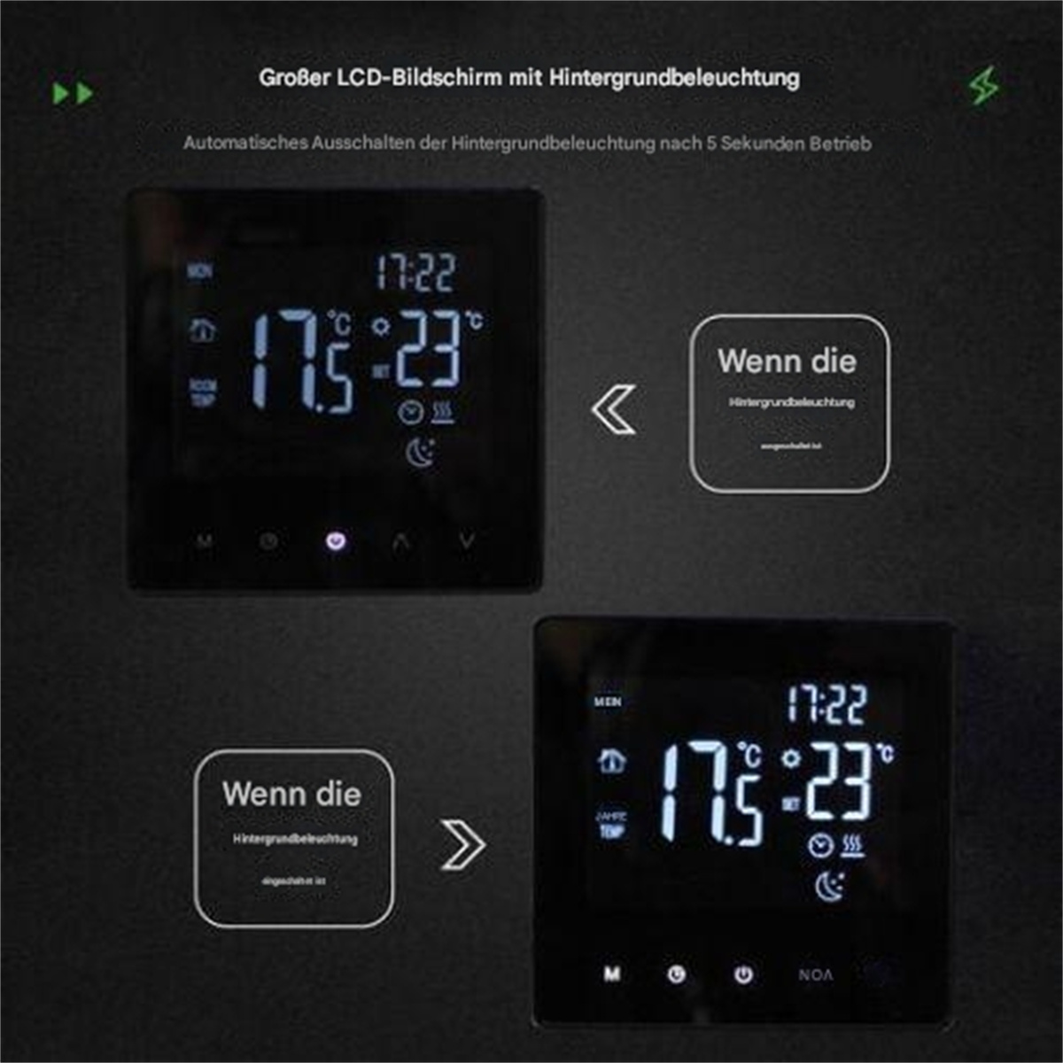 Zwei schwarze Thermostate zeigen Zeit und Temperatur an. Text auf Deutsch: „Wenn die Hintergrundbeleuchtung“.