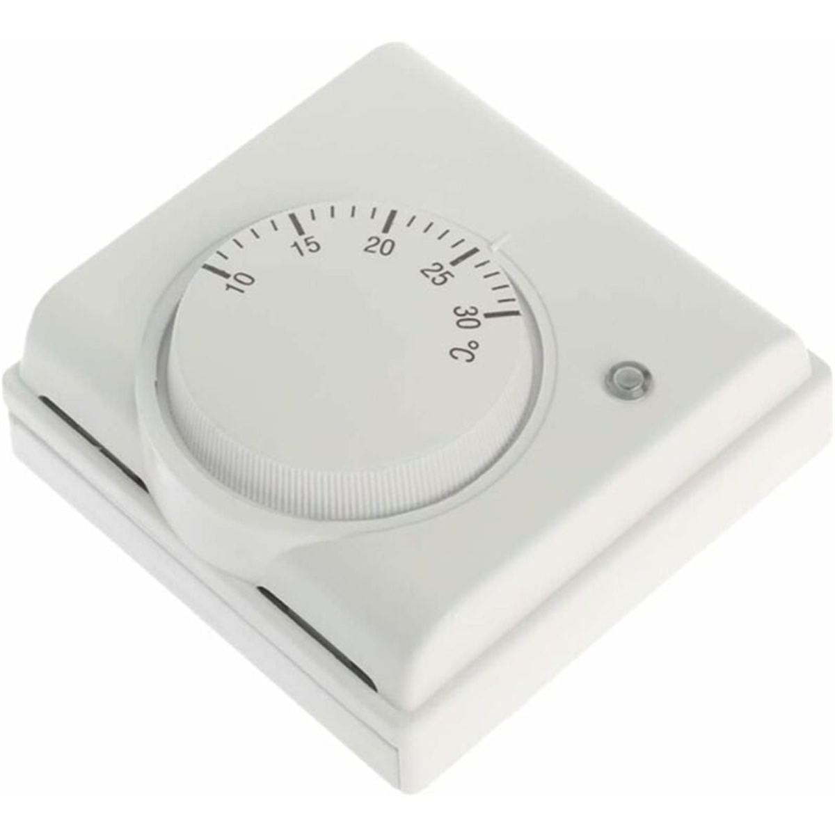 Weißer Thermostat mit einem Drehknopf und einem kleinen Knopf. Der Drehknopf ist zur Temperaturregelung nummeriert.