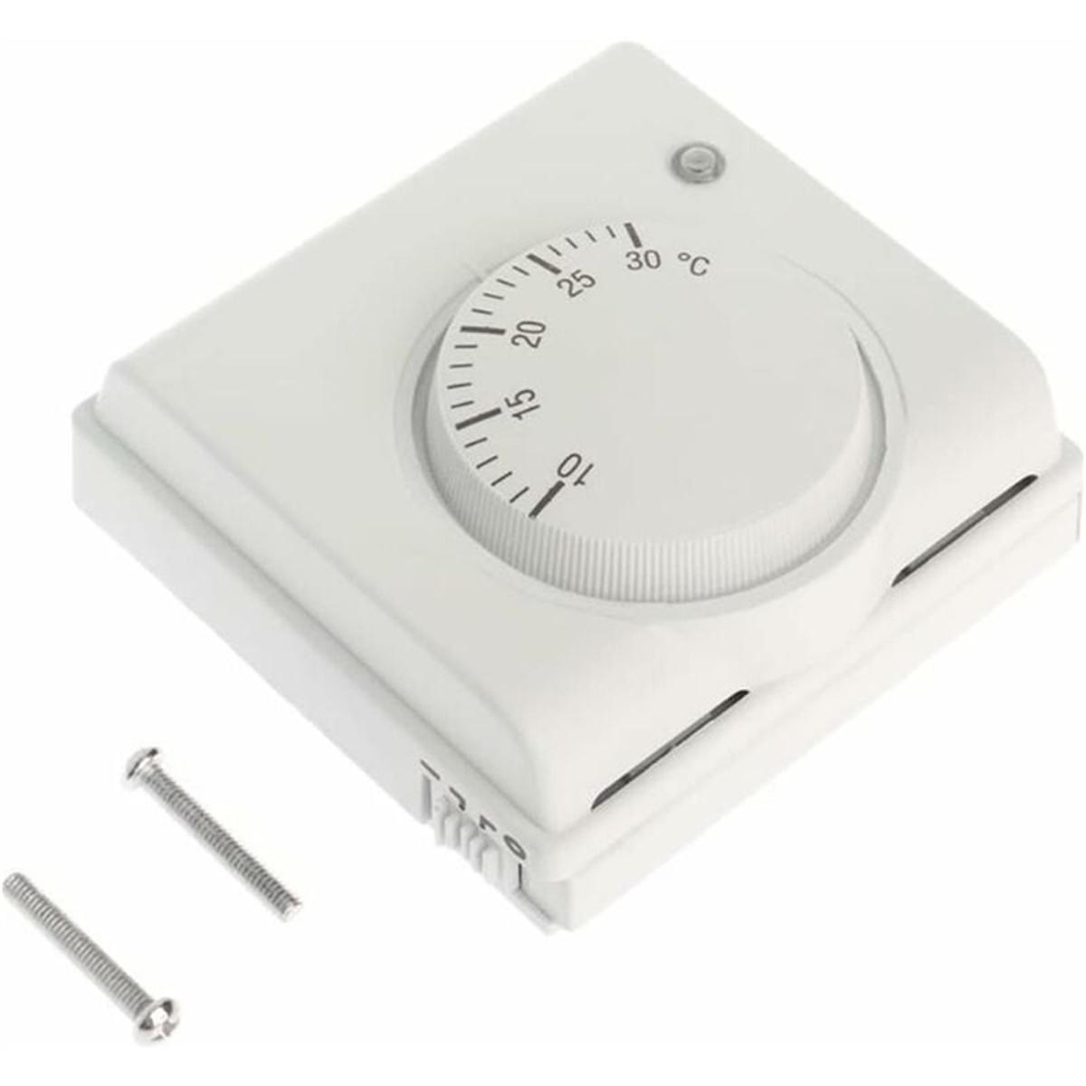 Ein weißes Thermostat mit einem Drehregler von 10 bis 30 Grad Celsius und zwei Schrauben.
