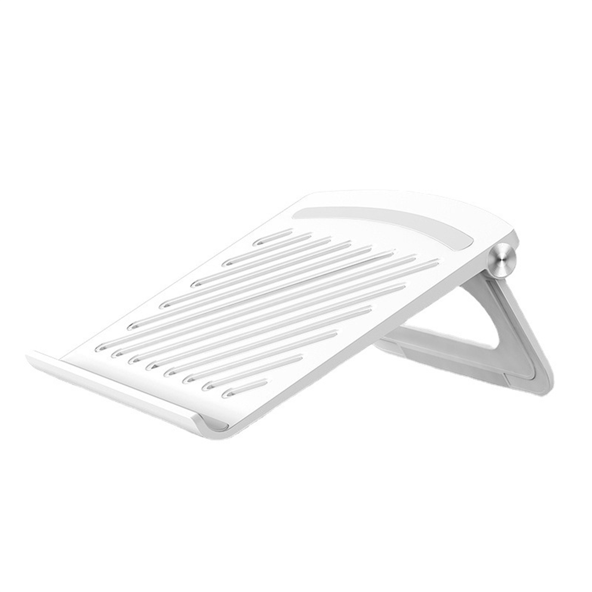 Ein weißer Laptopständer auf weißem Hintergrund. Abgewinkeltes Design mit Schlitzen zur Belüftung.