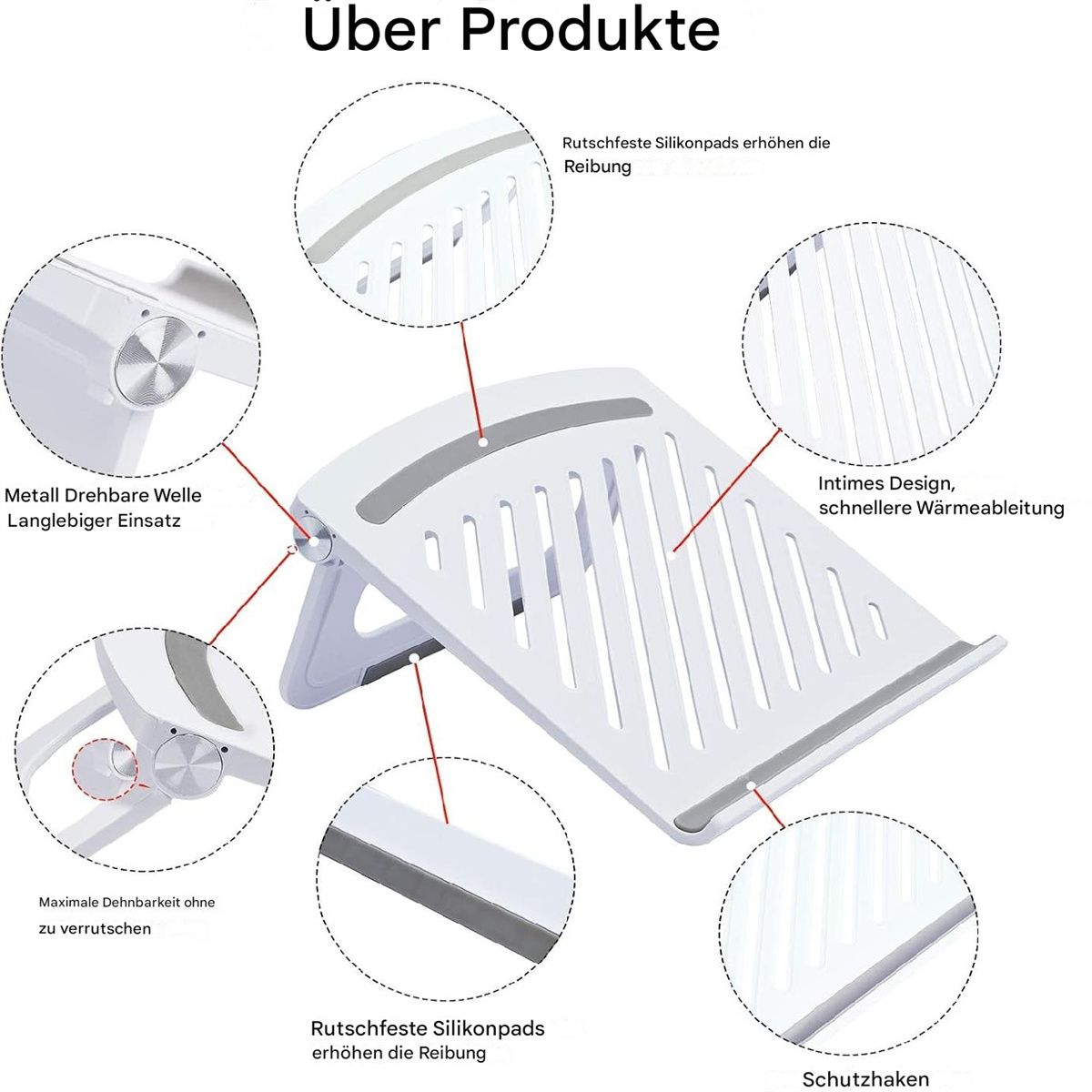 Ein weißer Laptop-Ständer mit verschiedenen hervorgehobenen Funktionen. Text: "Über Produkte".