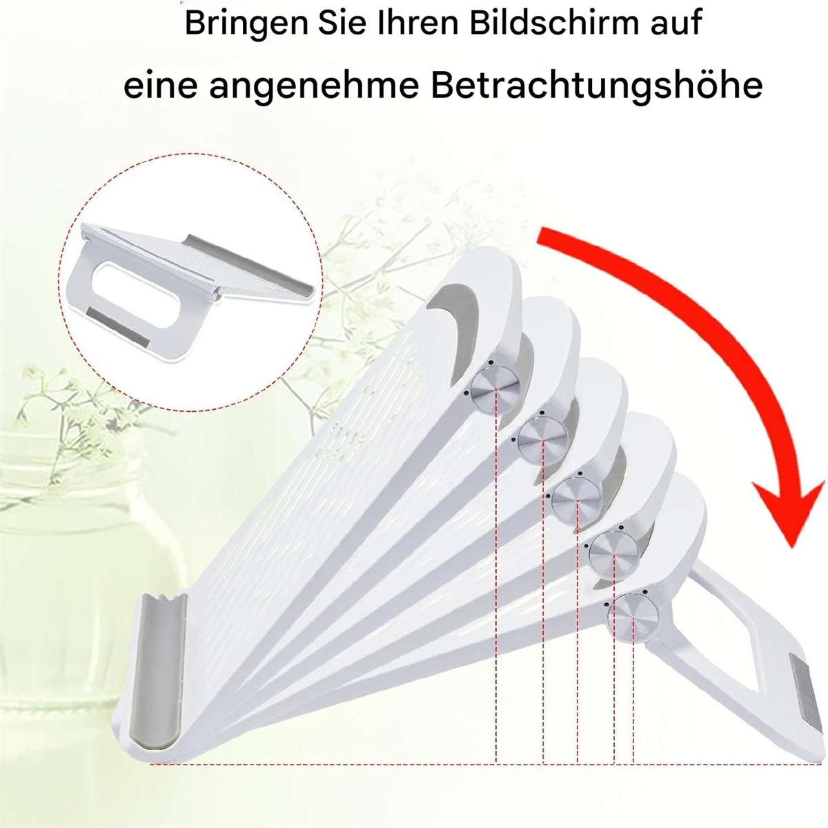 Weißer Laptop-Ständer mit einstellbaren Höheneinstellungen, mit Text auf Deutsch.