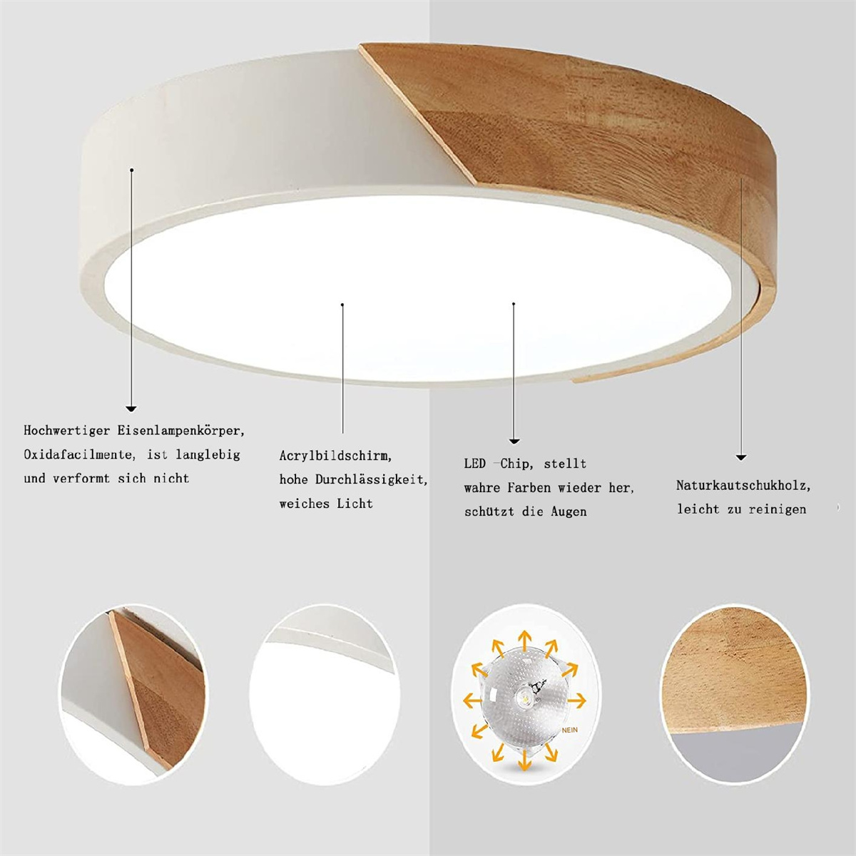 Nahaufnahme einer weißen und hölzernen kreisförmigen Lampe mit Details.