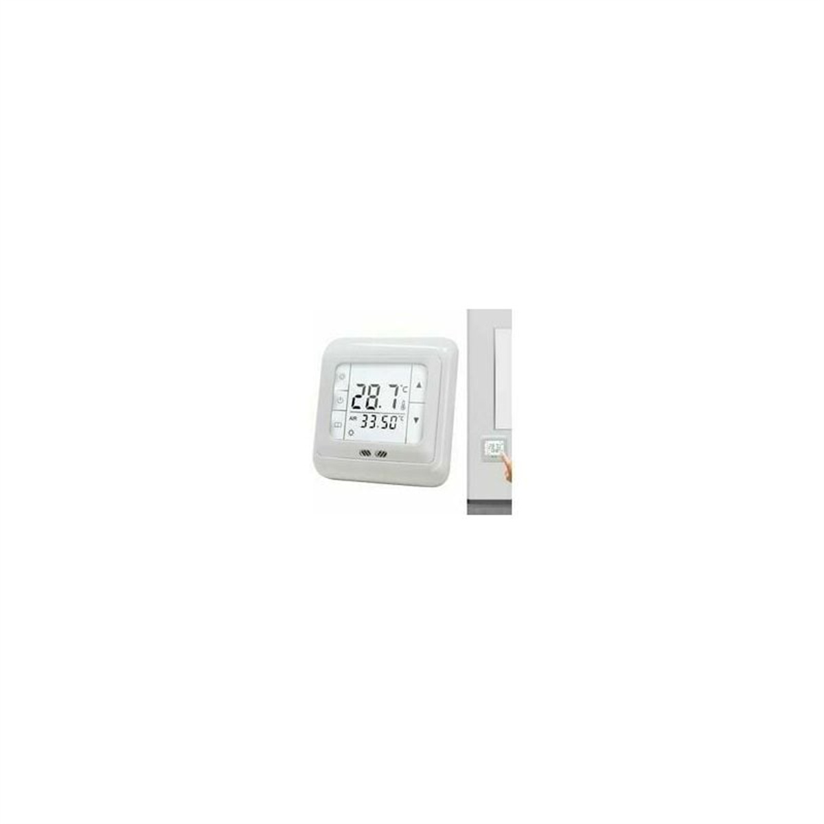 Kleiner, quadratischer digitaler Thermostat mit weißem Rahmen, zeigt Temperatur.