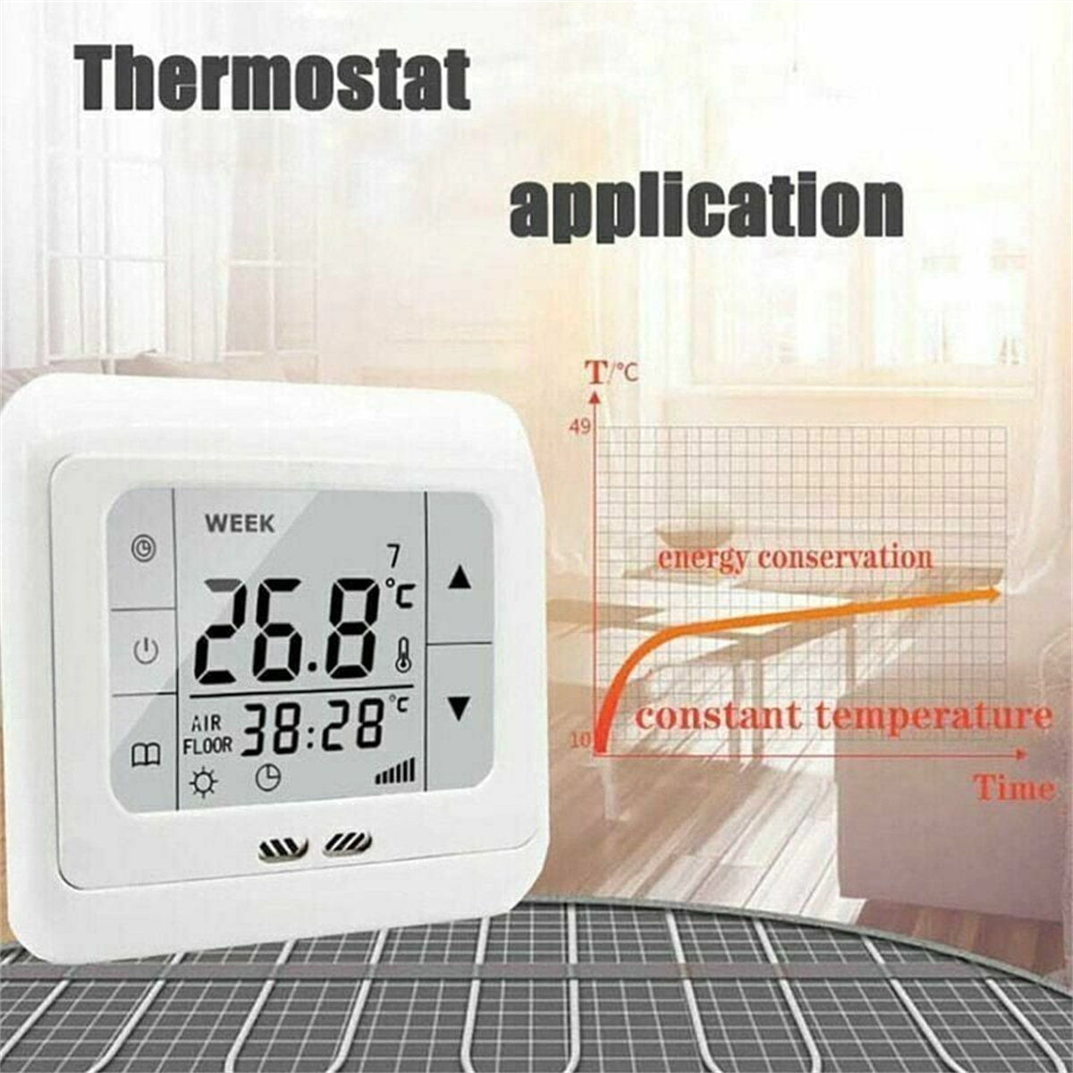Ein weißer Thermostat mit Digitalanzeige, die Temperatur und Zeit anzeigt, mit einem Diagramm für konstante Temperatur.