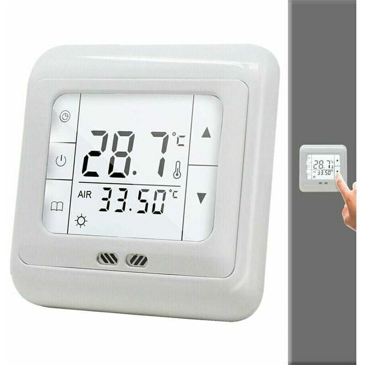 Ein weißes Thermostat, das Temperatur und Einstellungen an einer Wand anzeigt.