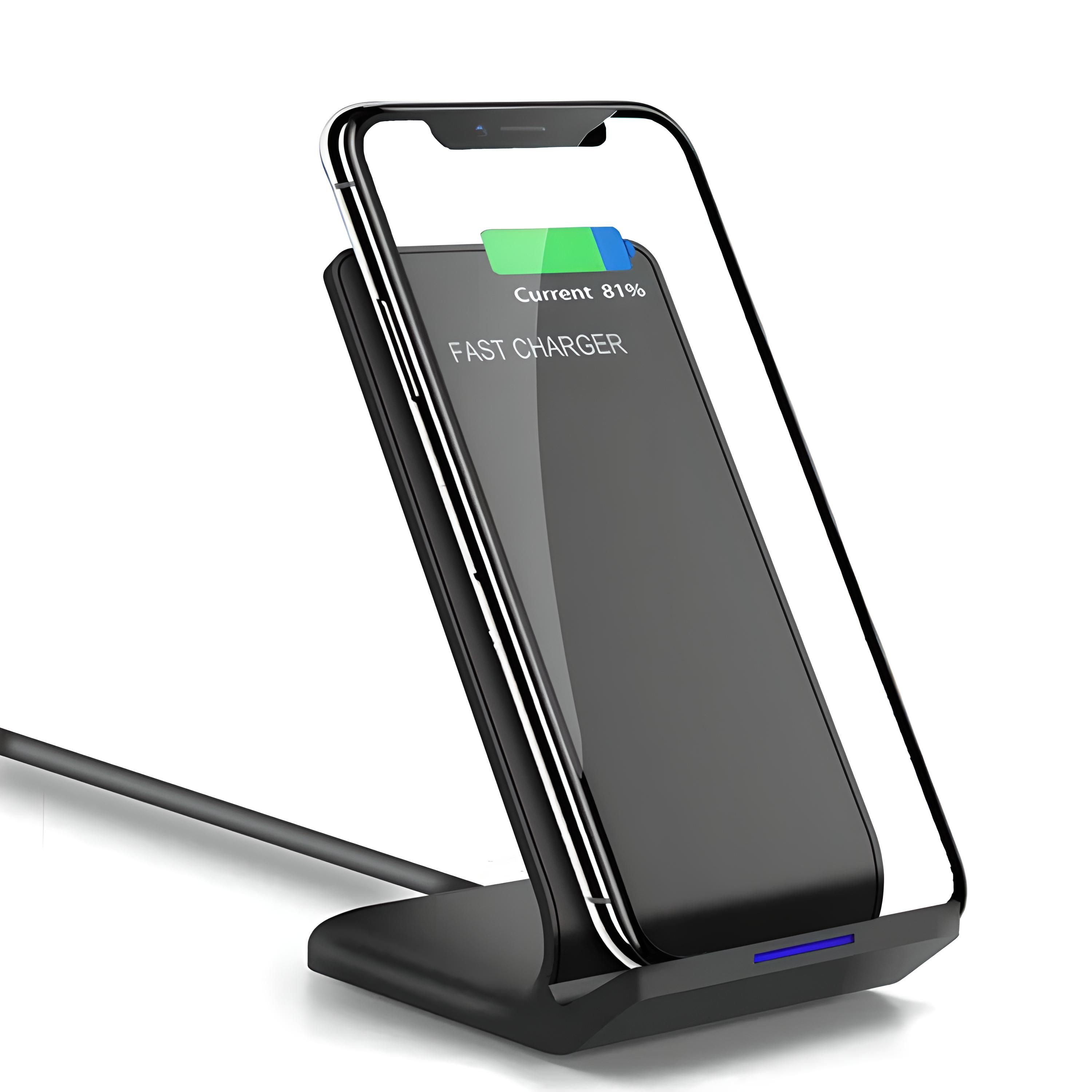 Kabelloses schwarzes Telefonladegerät mit Telefon, das den Ladestand anzeigt.