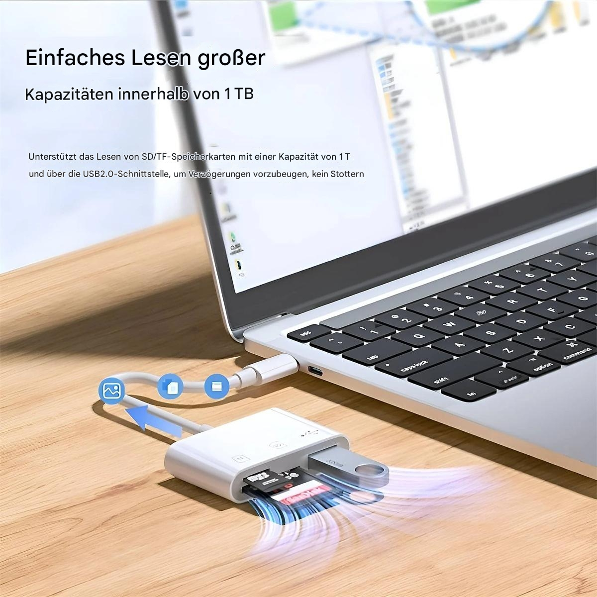 Ein Laptop mit weißem Adapter. Der Adapter hat einen USB- und SD-Kartensteckplatz, ein USB-Laufwerk ist eingesetzt.