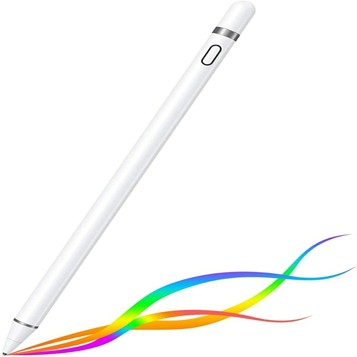 Weißer Stift mit silbernen Akzenten, schräg vor weißem Hintergrund, farbige Streifen unten.