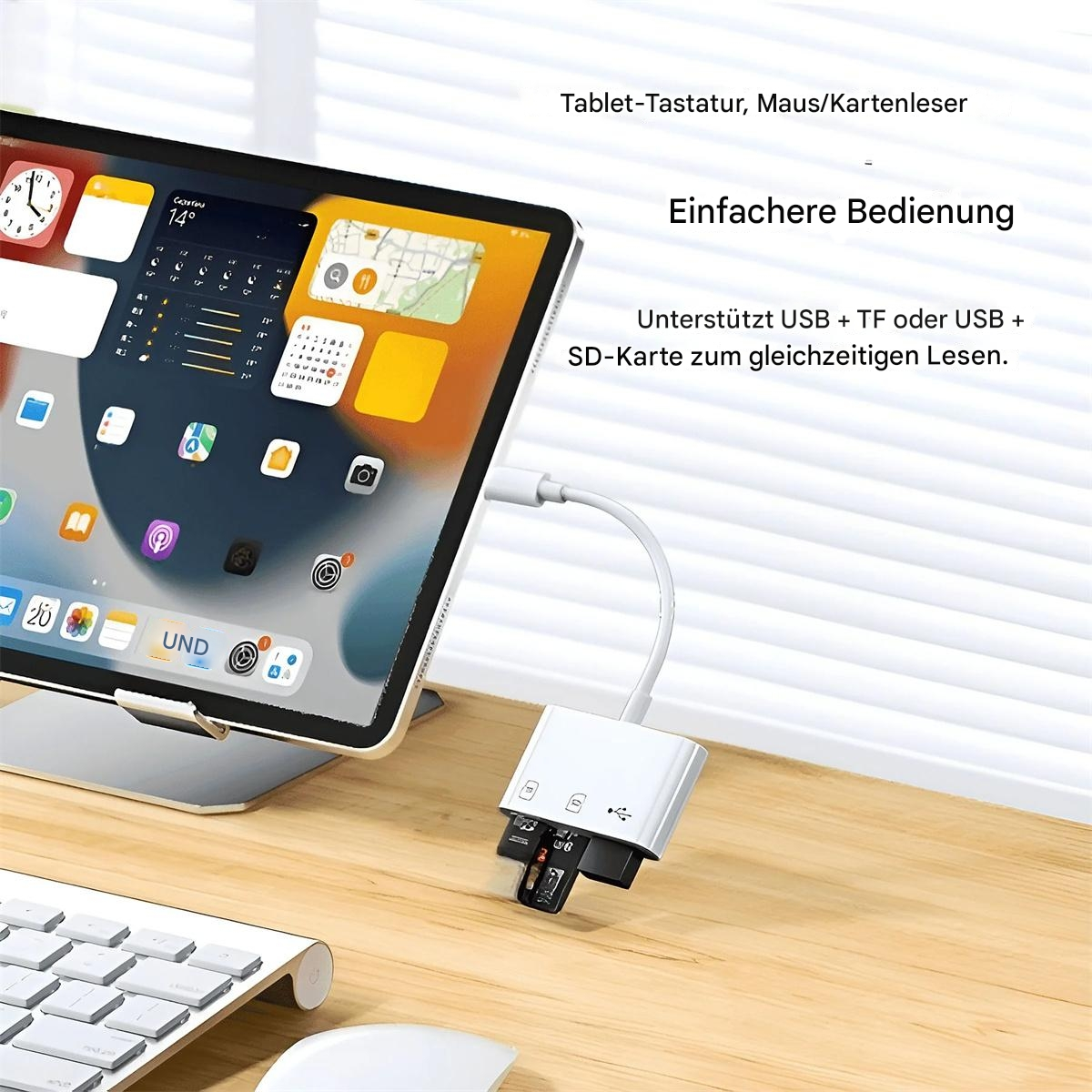 Tablet, an USB-Adapter angeschlossen, mit Tastatur und Maus.