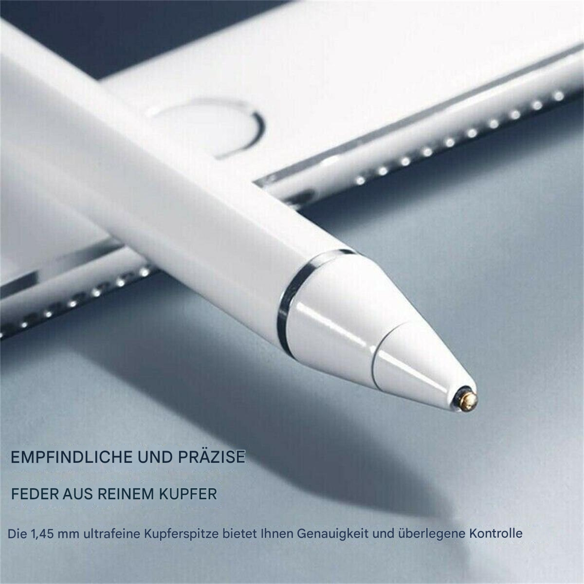 Weißer Stylus-Stift auf heller Oberfläche, zeigt die feine Kupferspitze.