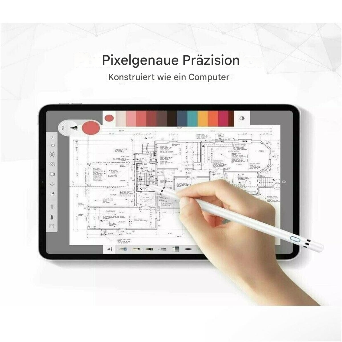 Ein Tablet mit einer Zeichnung auf dem Bildschirm. Eine Hand zeichnet mit einem weißen Stift.
