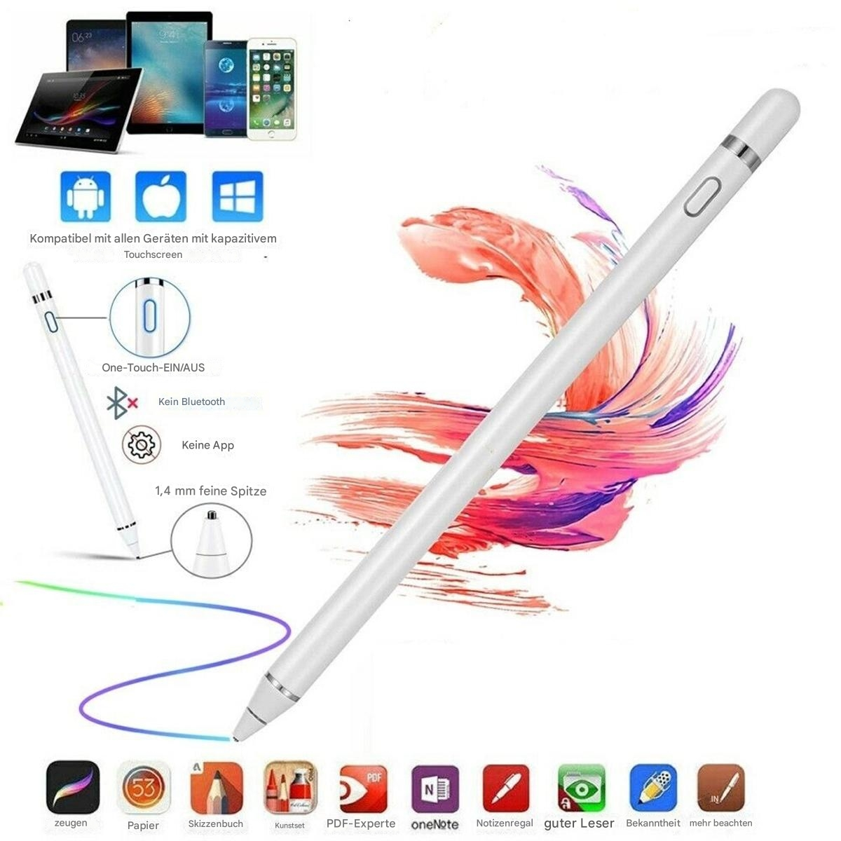 Weißer Stift mit Tablets im Hintergrund. Stift hat eine 1,4 mm feine Spitze.