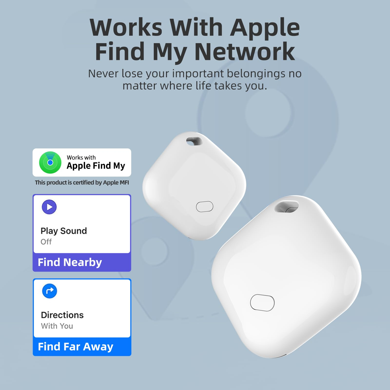 Weiße Tracker mit Apple Find My-Logo und Symbolen zum Auffinden von Artikeln.