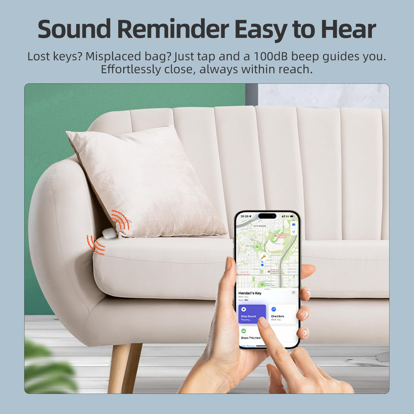 Person hält Telefon mit Karte. Ein Ton-Erinnerungssystem ist auf einer Couch.