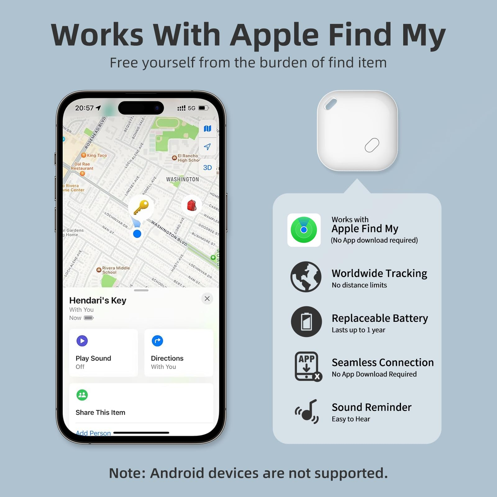 Smartphone mit Karte und Tracker. Weißer Tracker mit Text: Funktioniert mit Apple Find My.