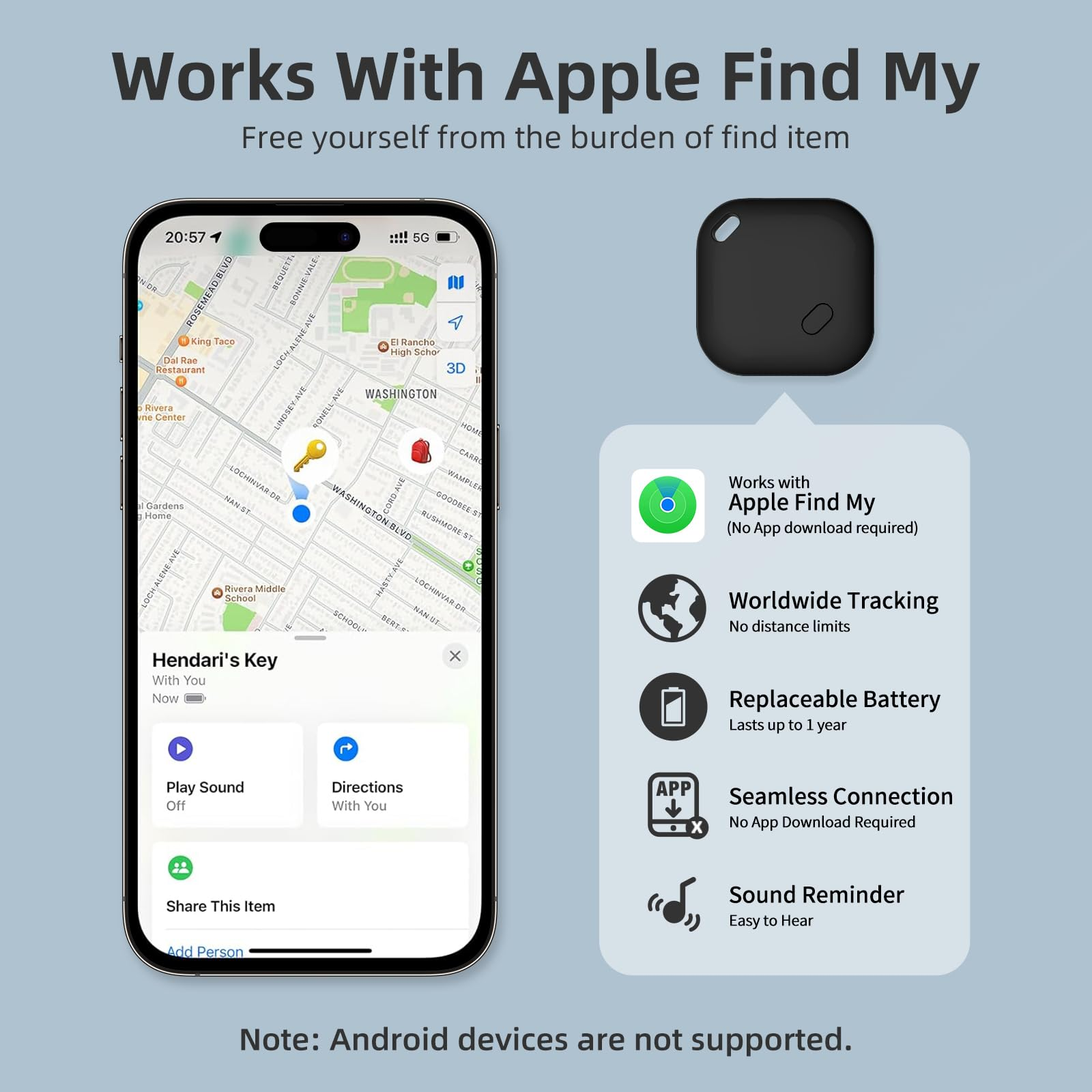 Smartphone mit Karte und schwarzem Ortungsgerät. Text: 'Works With Apple Find My'.