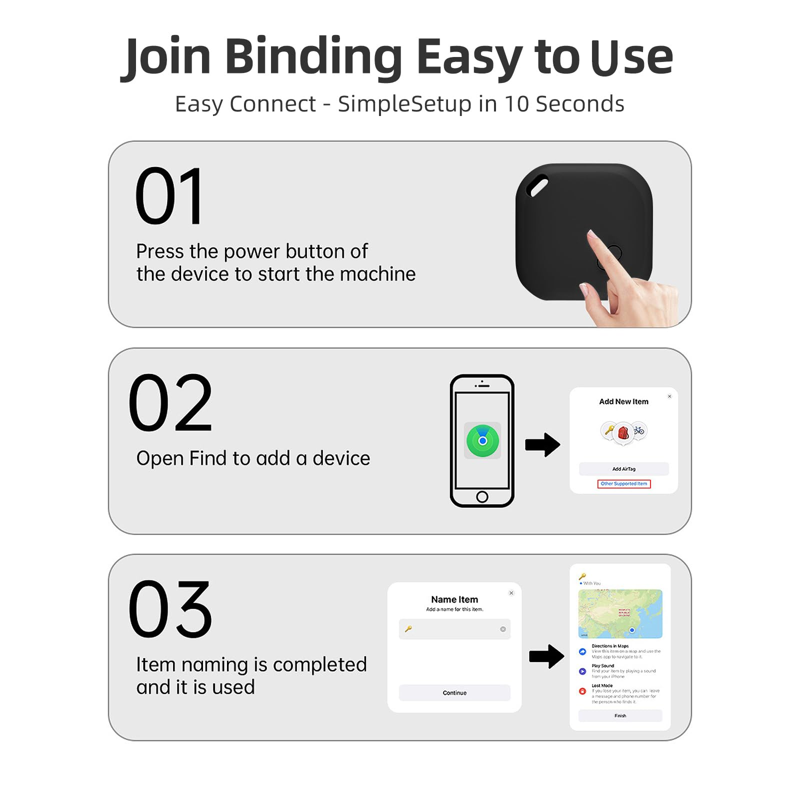 Infografik mit Schritten zum Verbinden eines Geräts: Power-Taste, Find-App und Artikel benennen, mit Telefon.