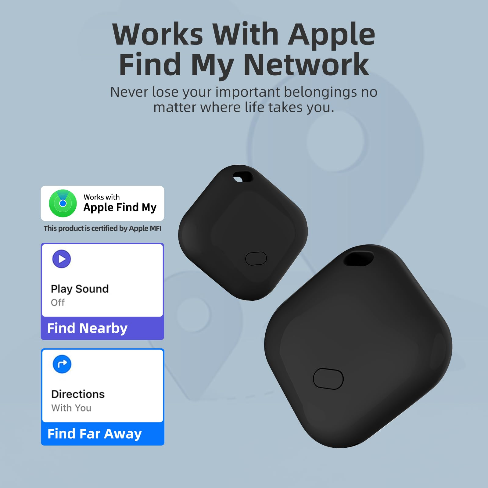 Zwei schwarze Ortungsgeräte mit Text über Apple Find My und Symbolen für Funktionen.