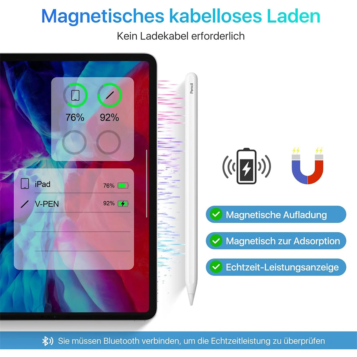 Tablet mit Batterieanzeigen und Eingabestift. Zeigt magnetisches Laden.
