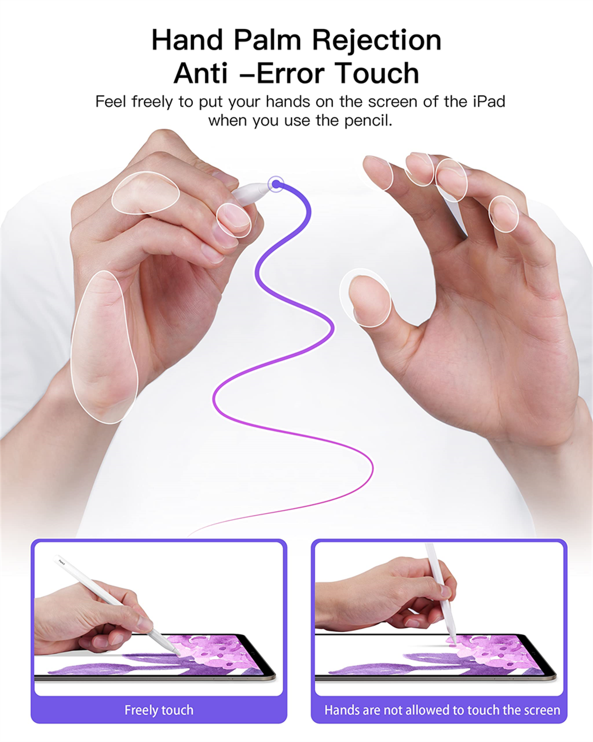 Hände, die einen Stift auf einem Tablet verwenden, zeigen die Handflächenabweisung.