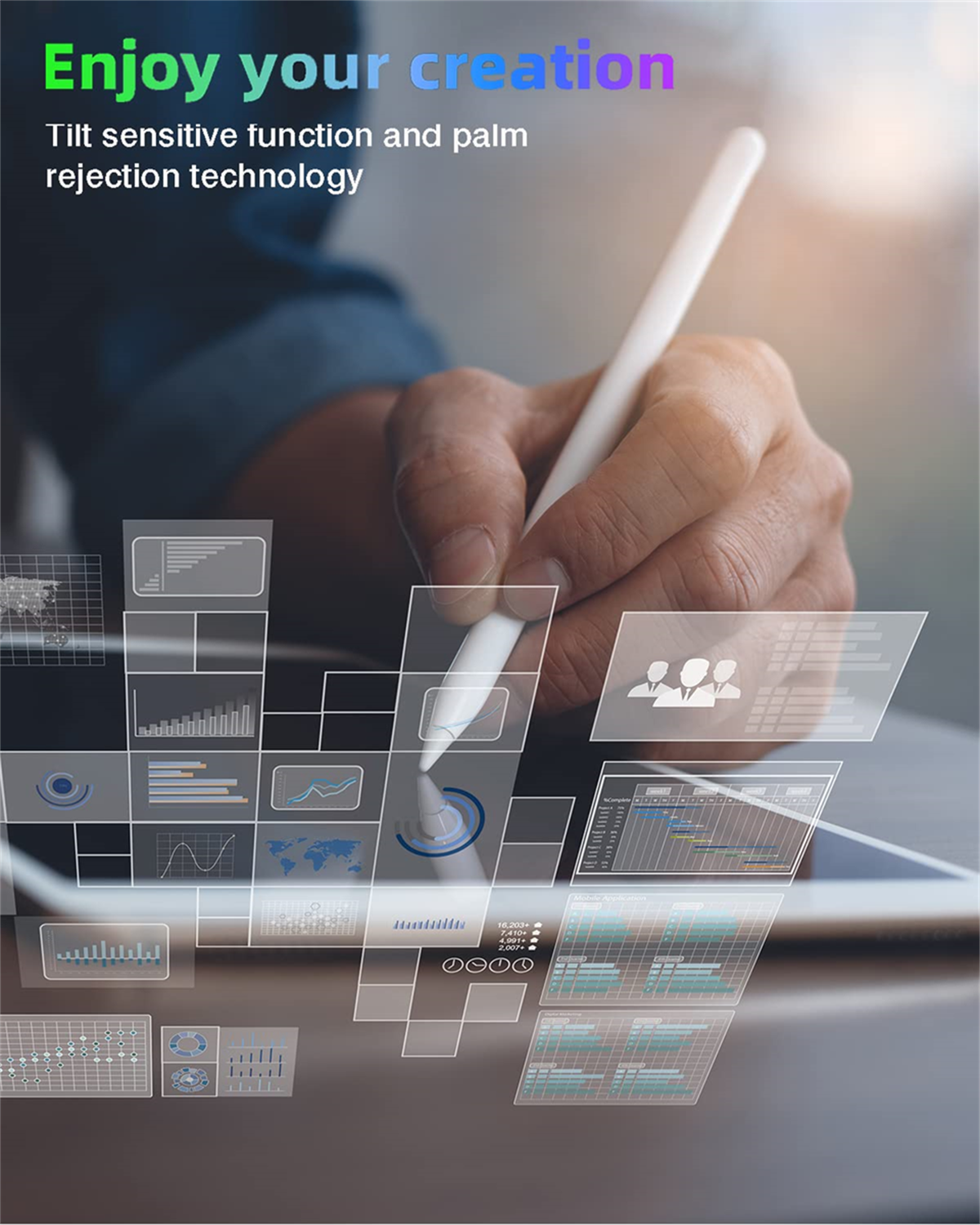 Hand benutzt weißen Stift auf Tablet, zeigt Datenvisualisierungen und Benutzeroberflächenelemente.
