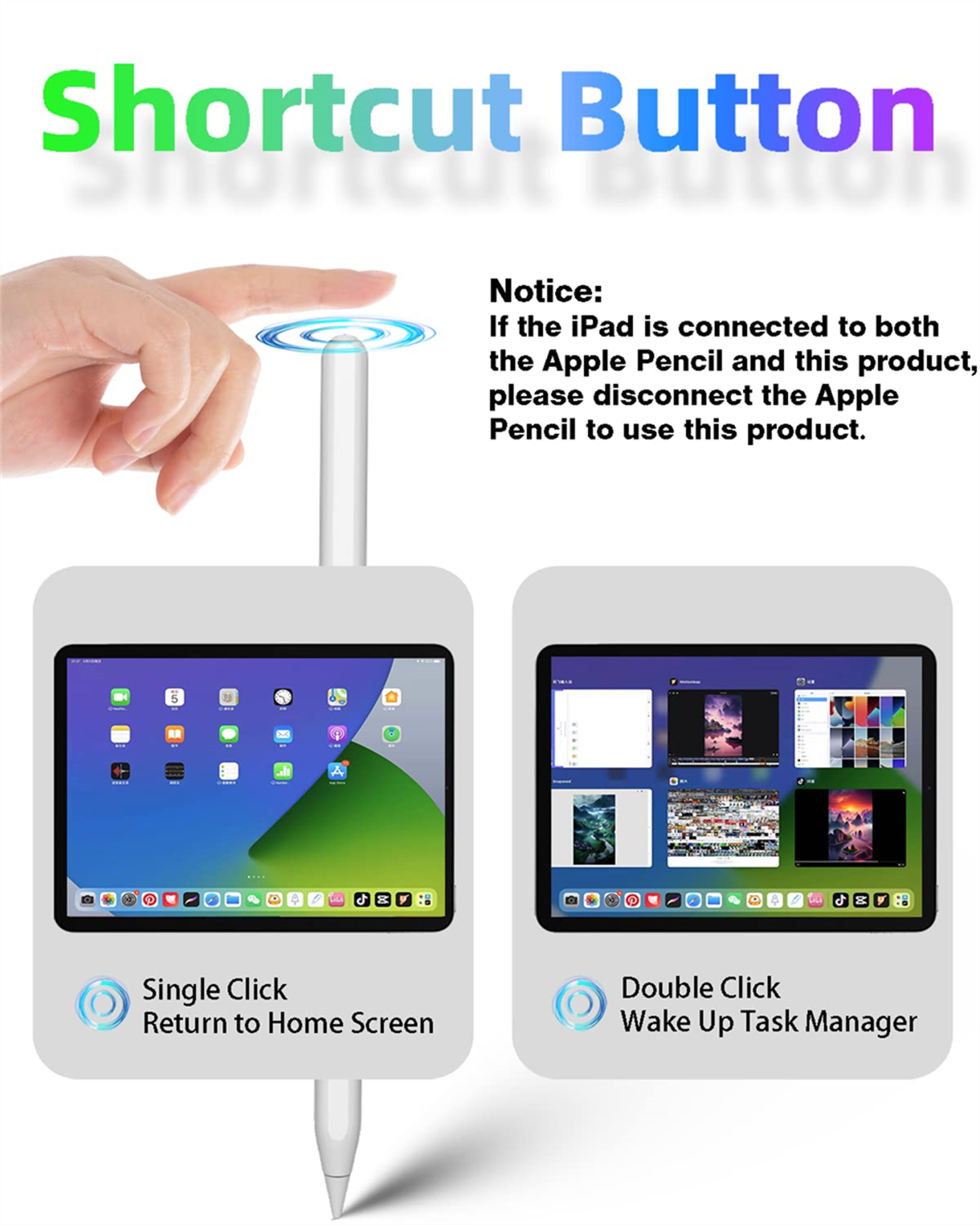 Zwei iPads zeigen Startbildschirm und Task-Manager. Ein Stift und die Verknüpfungstaste sind zu sehen.