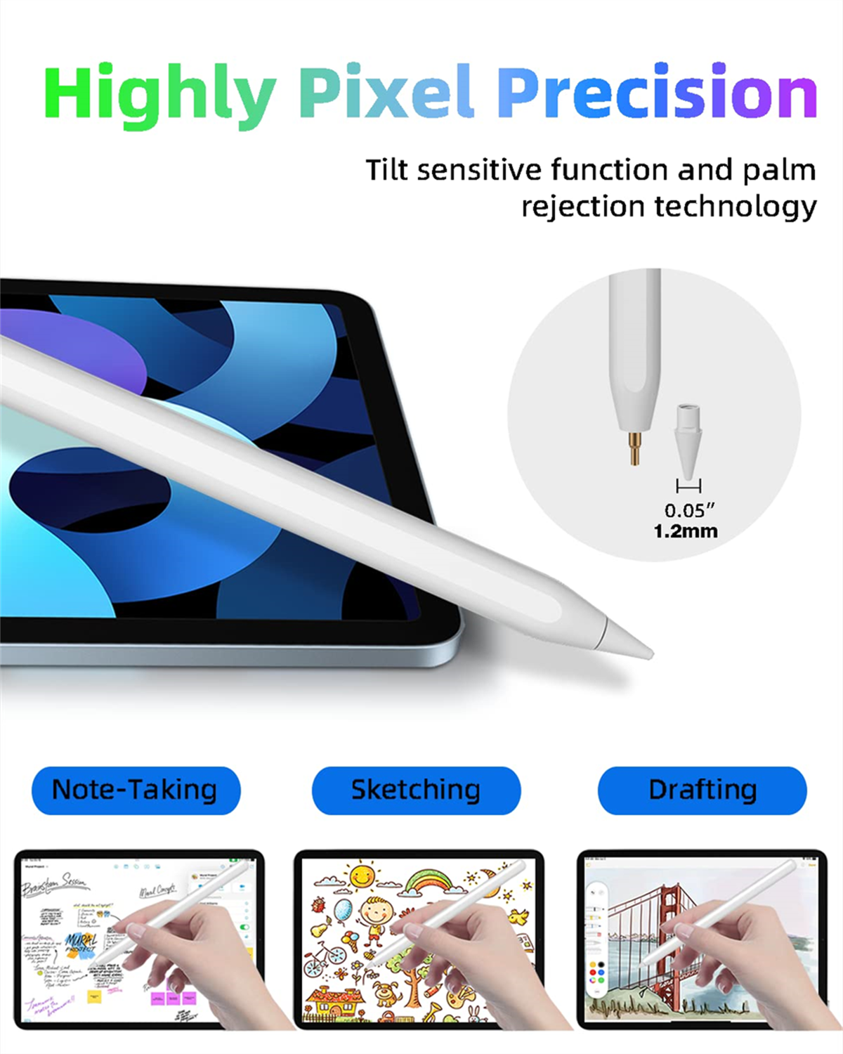 Stift auf Tablet mit Text: Hohe Pixelgenauigkeit. Andere Bilder zeigen Notizen, Skizzieren und Entwerfen.