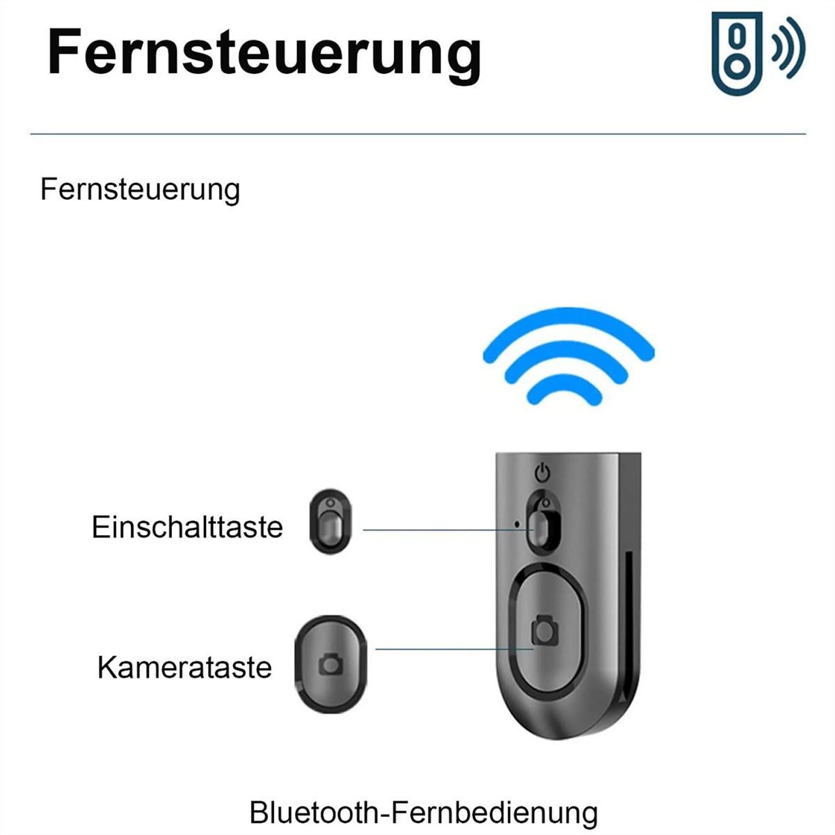 Eine Fernbedienung mit drei Tasten: Ein/Aus, Kamera und Auslöser, zusammen mit einem Bluetooth-Symbol.